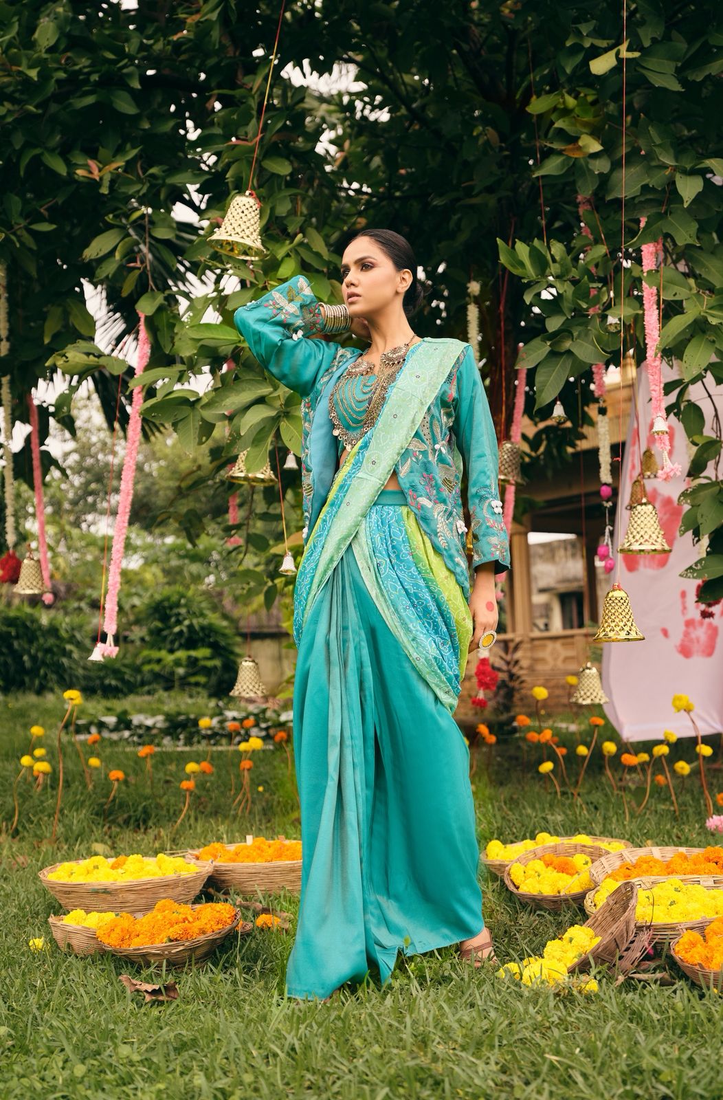 Indo Western Style Jacket Koti Drape Saree Set