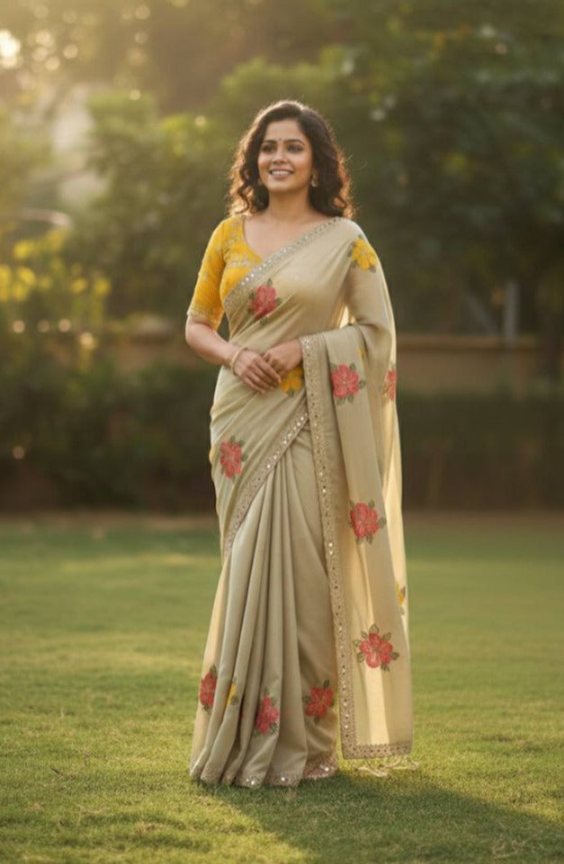 Premium Floral Embroidery Real Mirror Work Party Pastal Saree