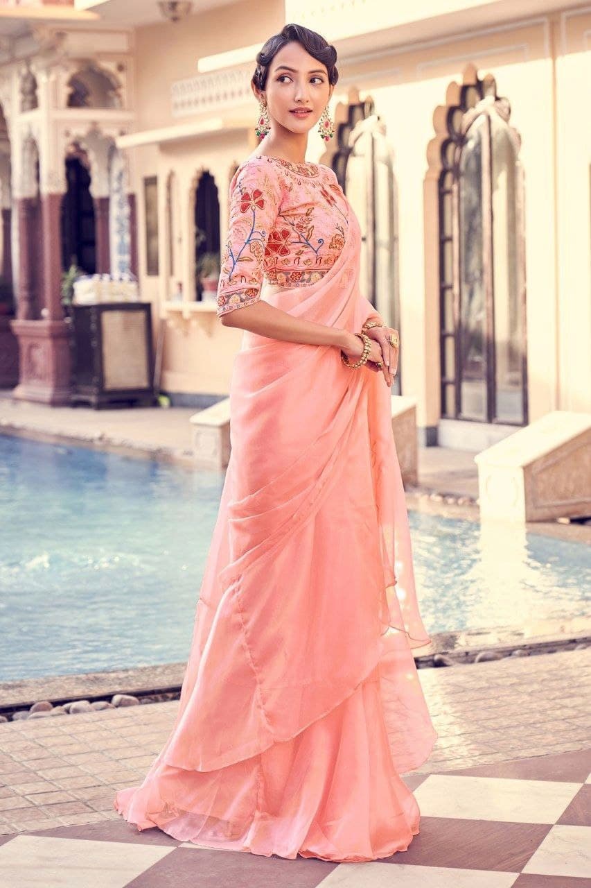 Peach Pink Organza Thread Zari Sequins Worked Saree
