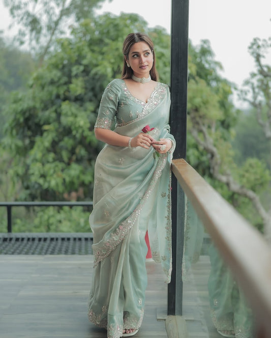 Pastal Sea Green Soft Satin Silk Premium Saree