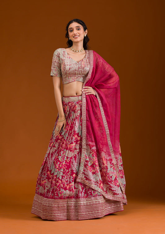 Peach Pink Top Quality Zari Sequins Printed Work Ready To Wear Lehanga