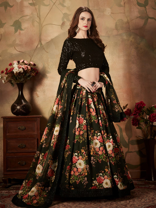 Organza Black Floral Party Lehanga