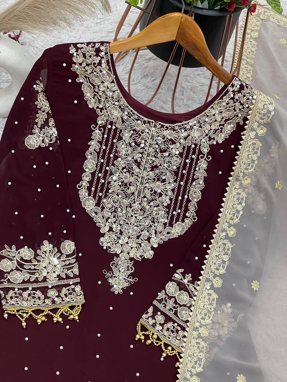 Designer Maroon Pure Georgette Premium Suit (Upto 5XL)