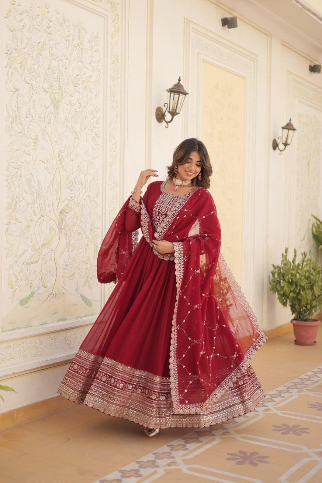 Maroon Premium Designer Gown Dupatta Set