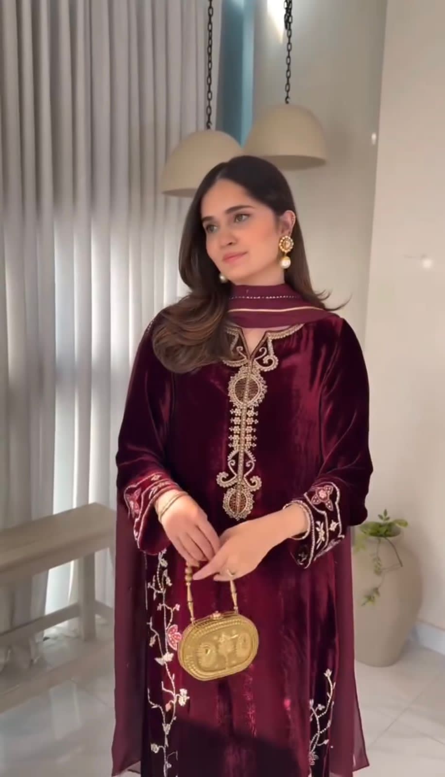 Maroon Velvet Awesome Ready To Wear Suit Set