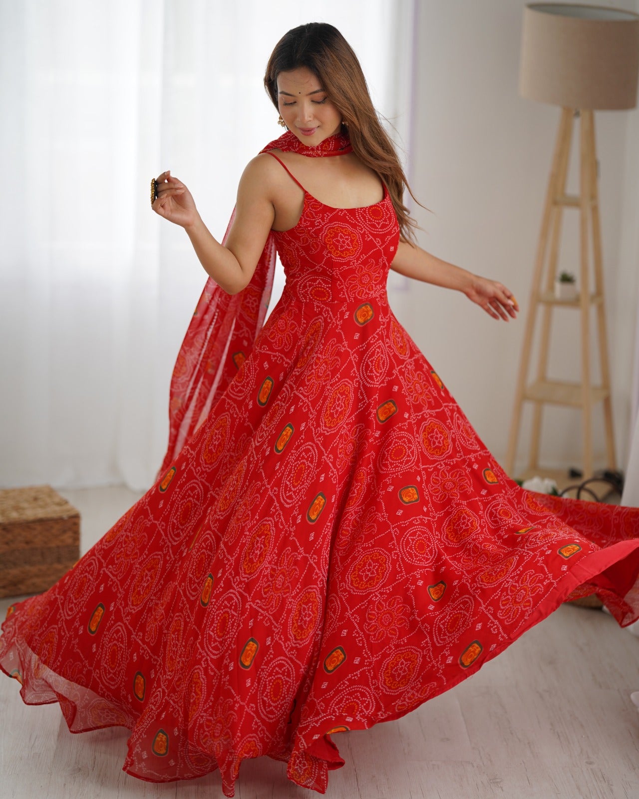 Red Rubrik Stylish Pure Soft Light Weight Chiffon Bandhej