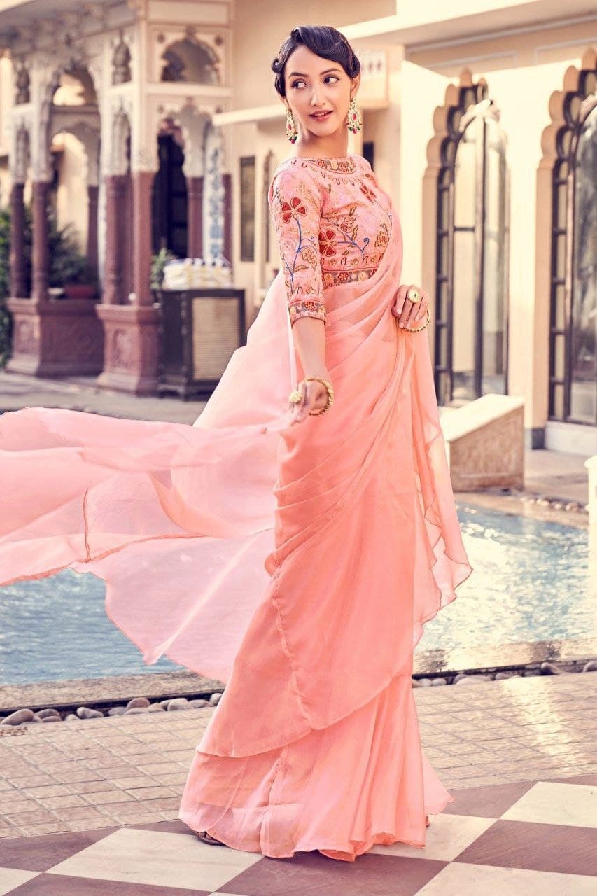 Peach Pink Organza Thread Zari Sequins Worked Saree