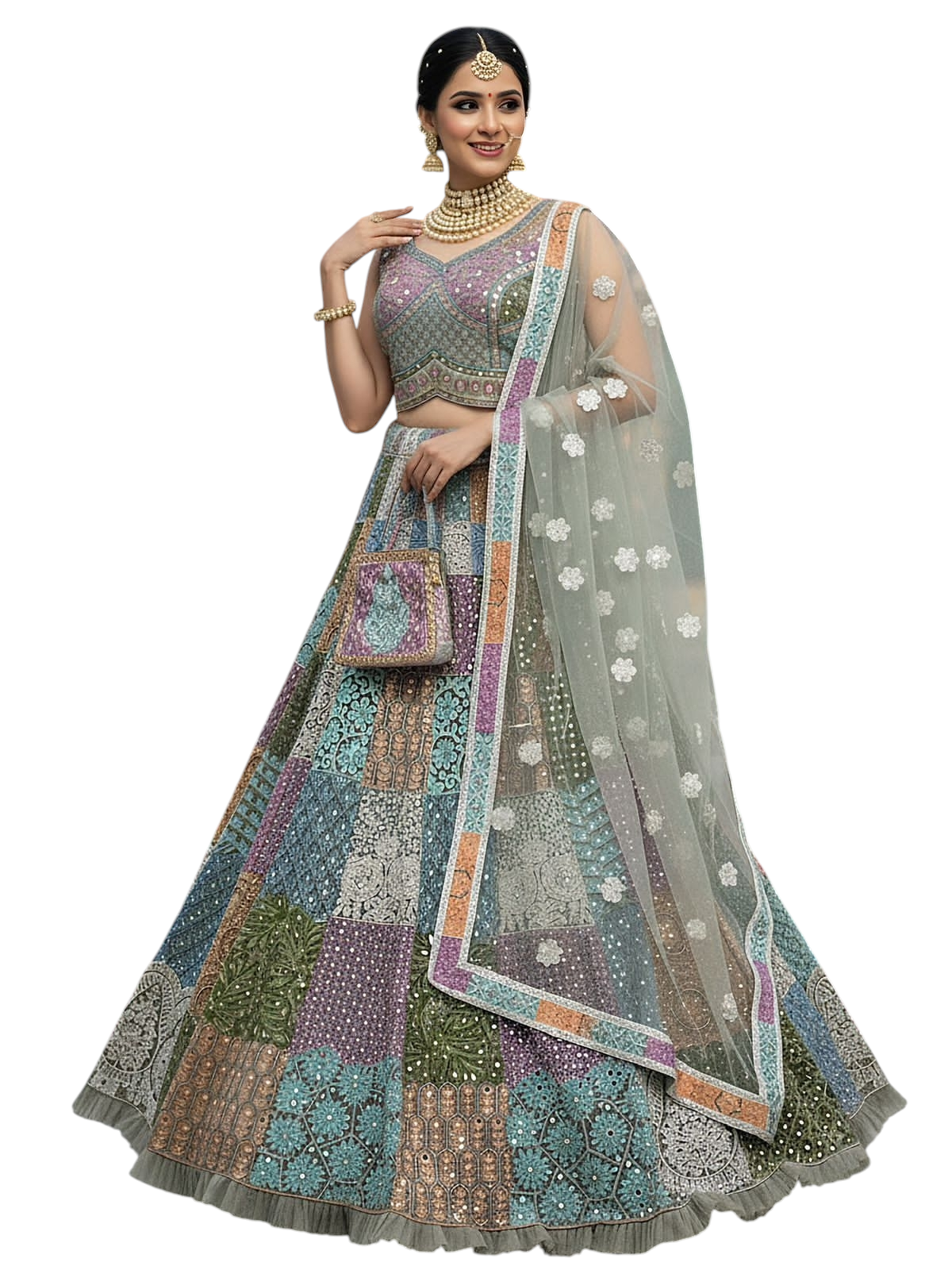 Handworked Designer Made Full Flaired Chain Embroidery with Real Mirror work Designer Lehenga Choli