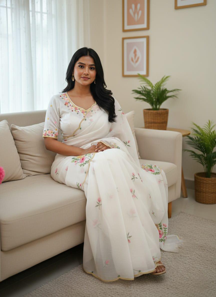 RICH CELEBRITY STYLE HANDWORK SOFT TABI FLOWER PRINT ORGANZA SAREE