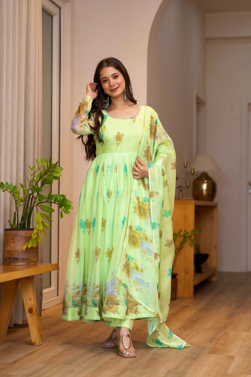 Light Green 💚 Organza Floral Print Ready To Wear Suit