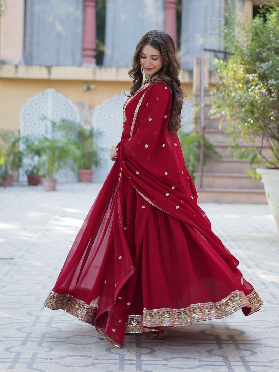 Maroon Georgette Premium Designer Gown Dupatta Set