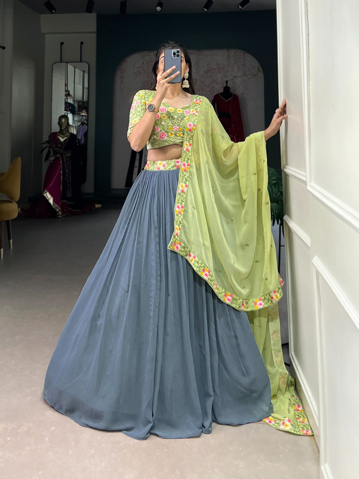 Radiate Soft Glamour in Gray and Pista Bridesmaid Attire