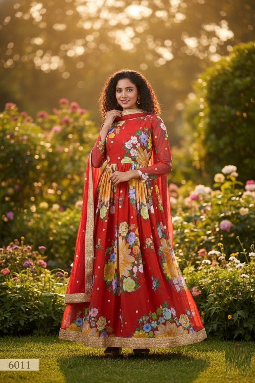 Elegant Red Floral Anarkali Suit with Golden Border