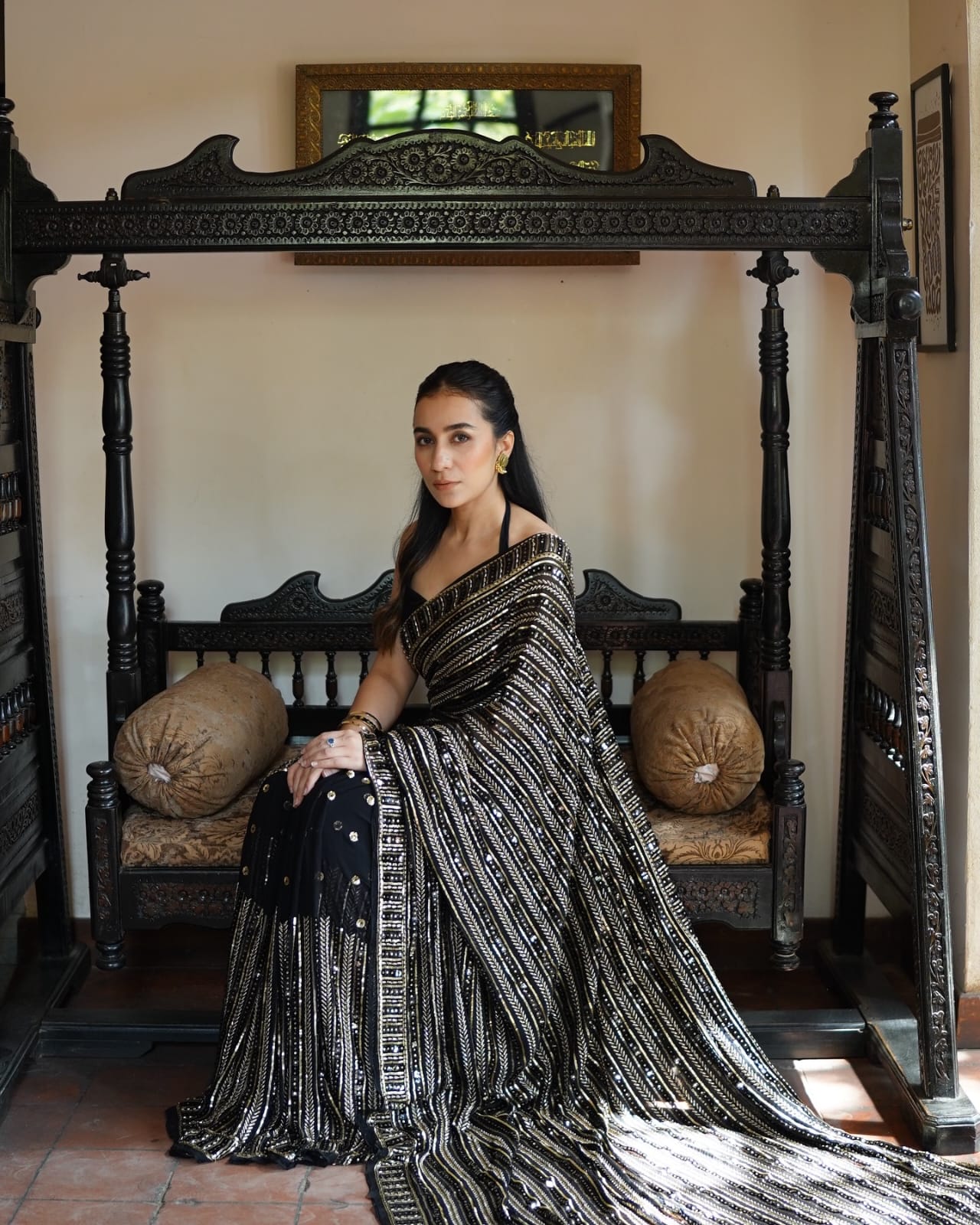Beautiful Black Bling Striped Sequins Saree