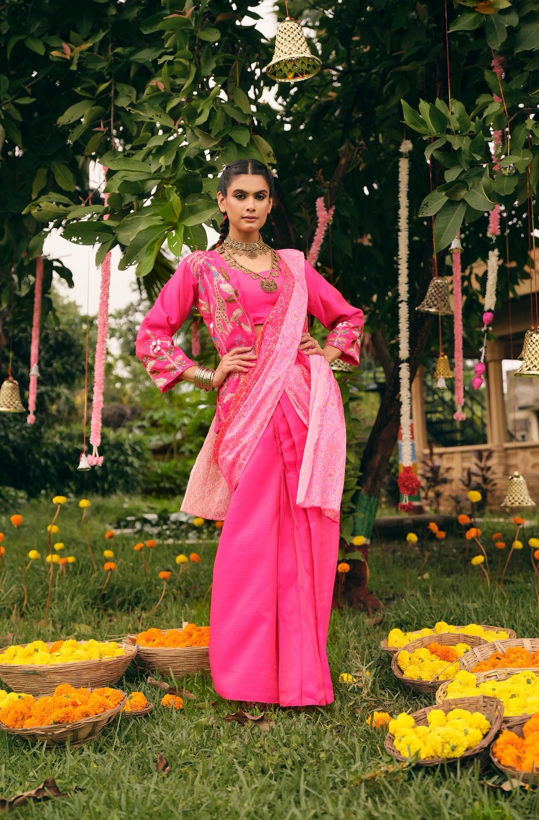 Indo Western Style Jacket Koti Drape Saree Set