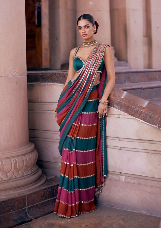 Mirror Work Bling Elegant Party Striped Saree