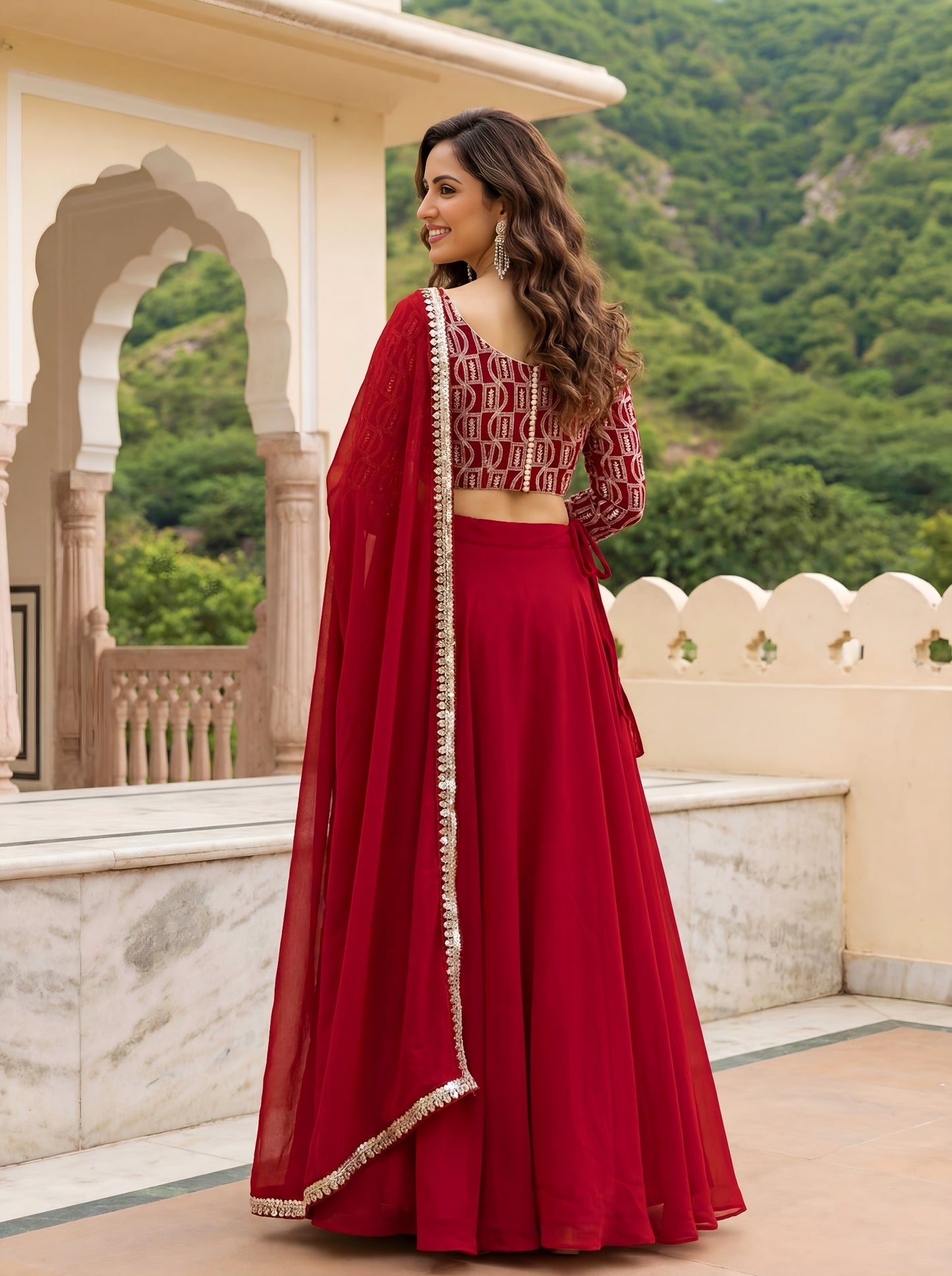 Rosy Red Embroidered Georgette Lehenga Set