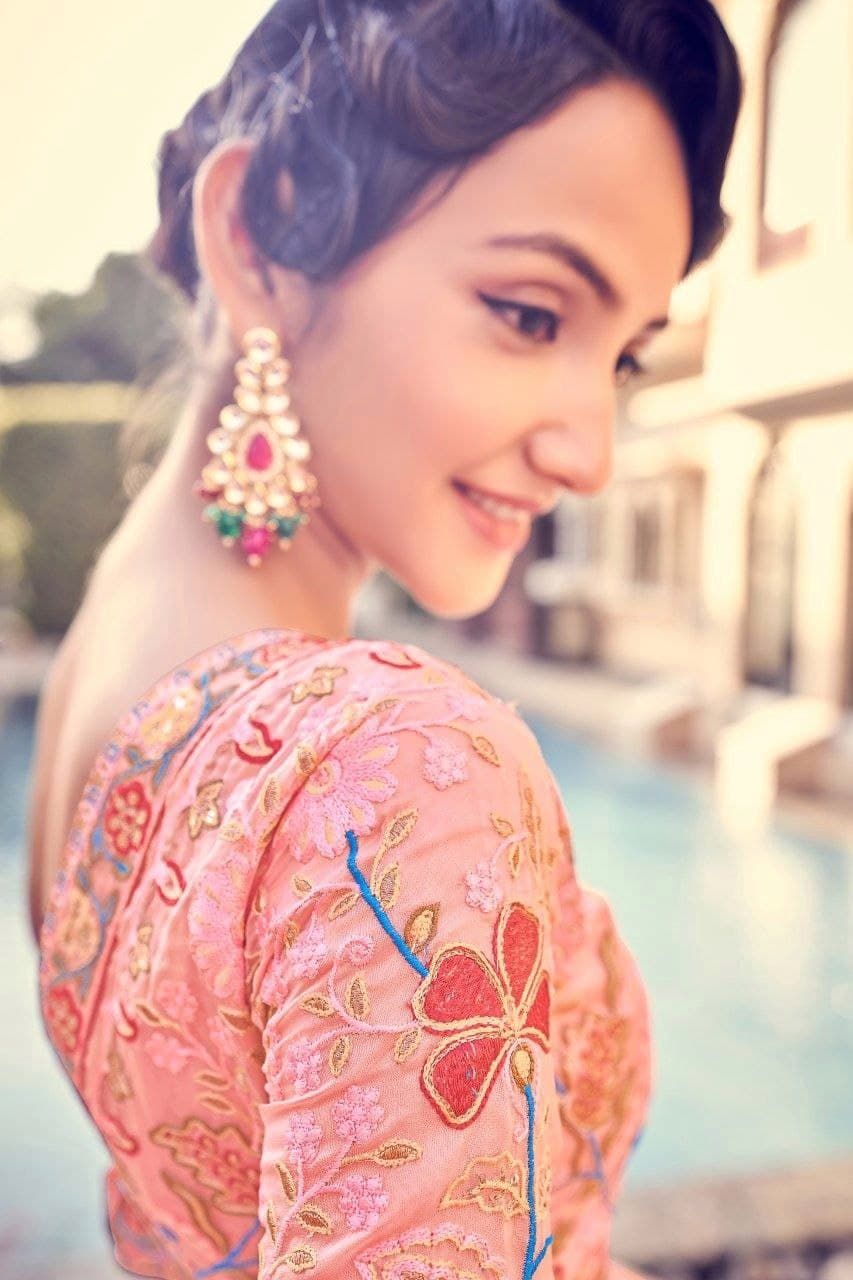 Peach Pink Organza Thread Zari Sequins Worked Saree