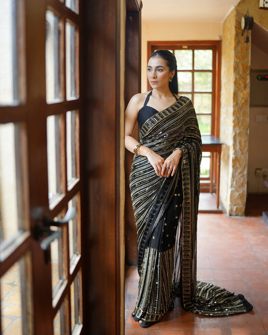 Beautiful Black Bling Striped Sequins Saree