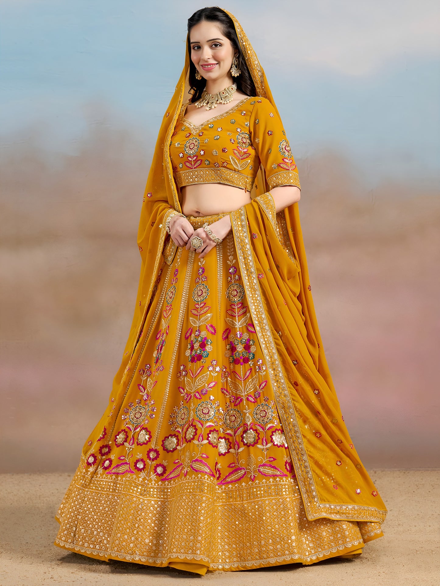 Sunlit Mustard Floral Embroidered Lehenga