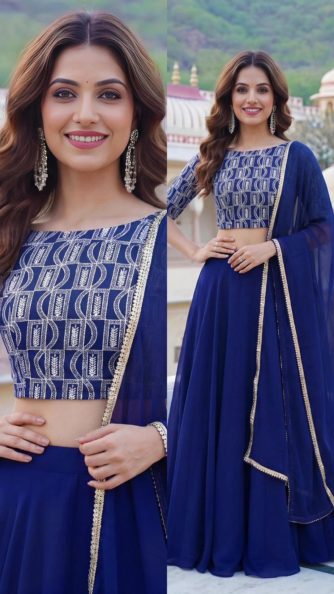 Royal Blue Embroidered Georgette Lehenga Set