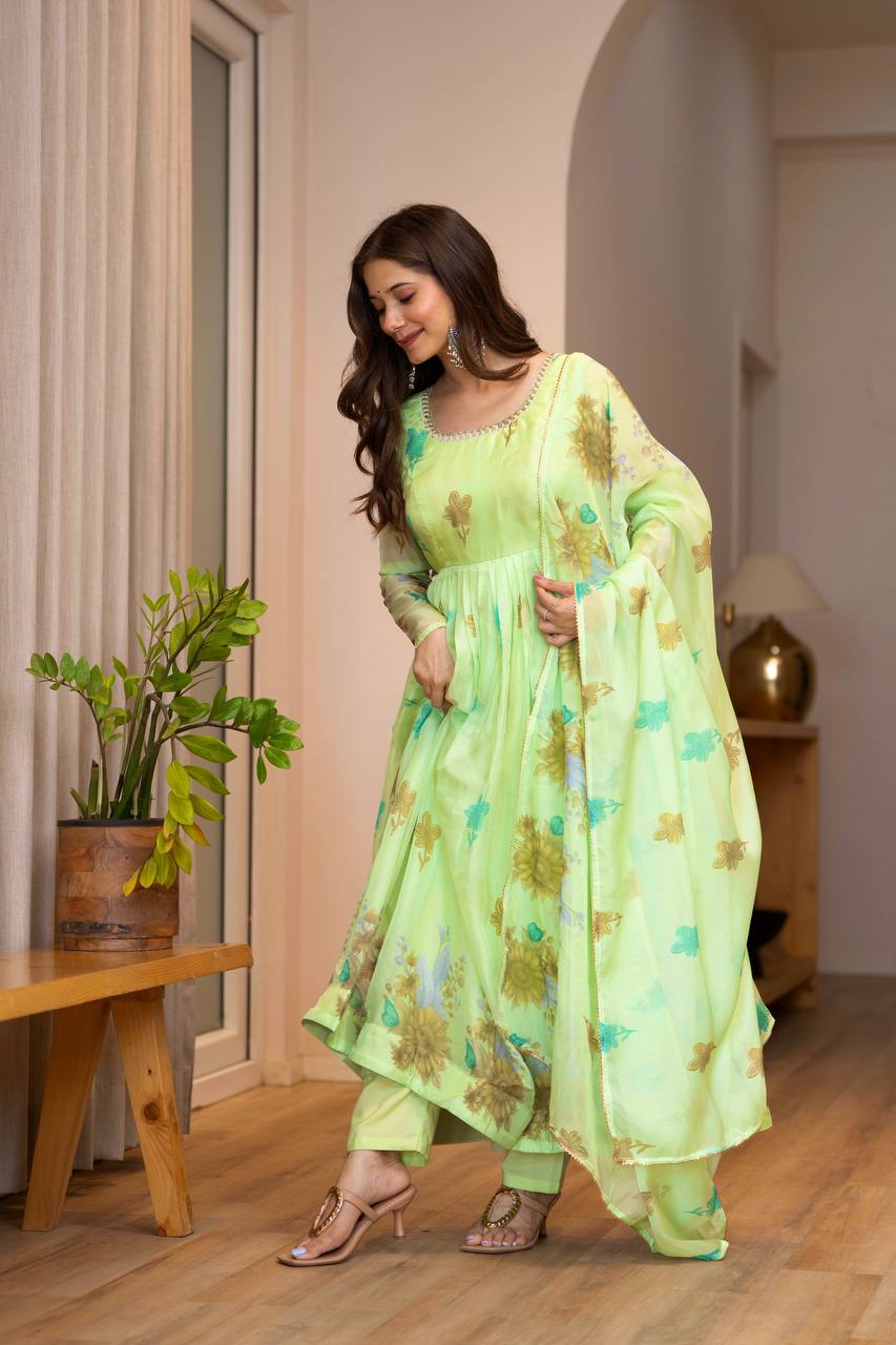 Light Green 💚 Organza Floral Print Ready To Wear Suit