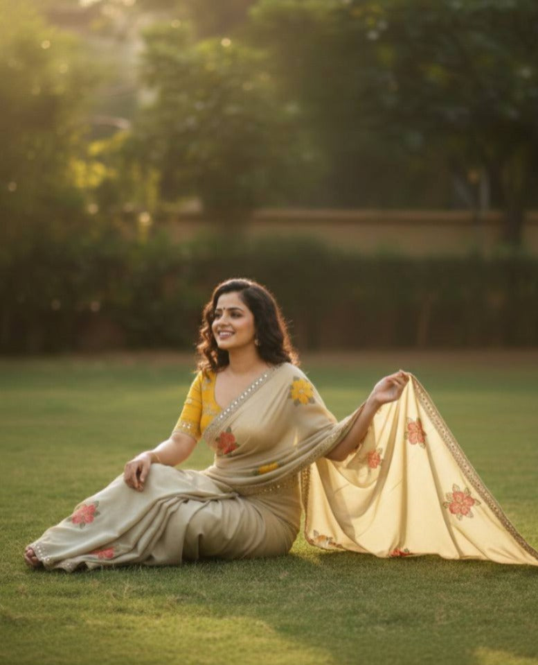 Premium Floral Embroidery Real Mirror Work Party Pastal Saree