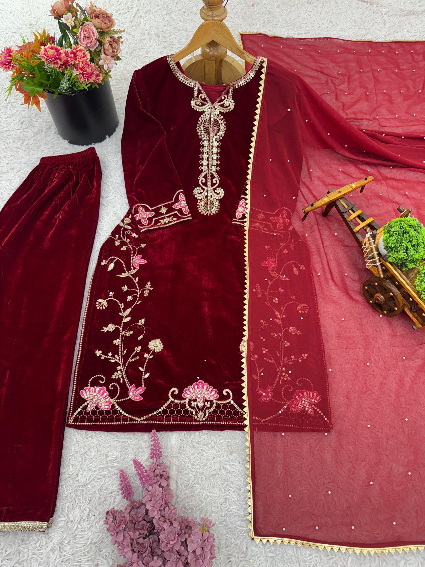 Maroon Velvet Awesome Ready To Wear Suit Set