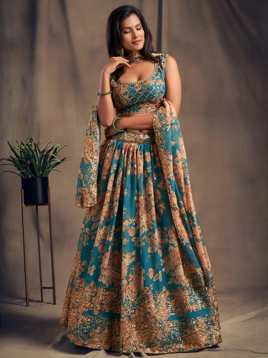 Teal Blue Floral Designer Lehanga Set