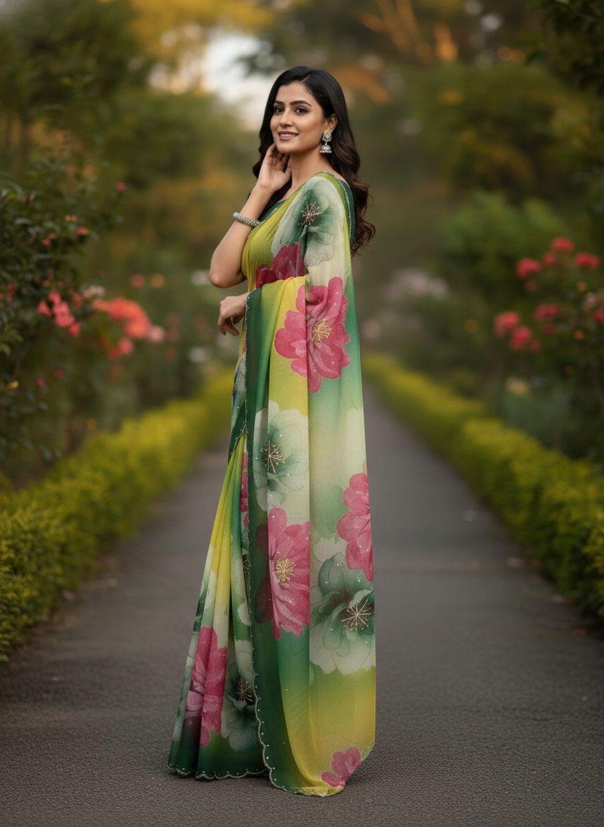 Floral Green Premium Organza Saree