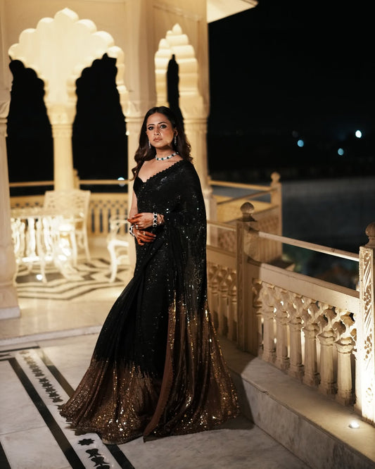 Black 🖤 Duo Gold 🪙 Bling Party Charm Sequins Work Saree