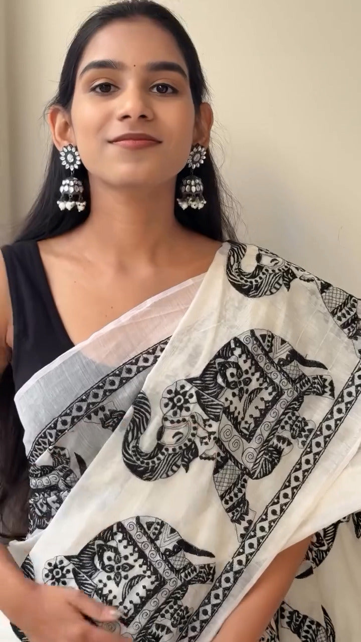 Light Weight Soft Cotton Black & White Combination Attractive Saree