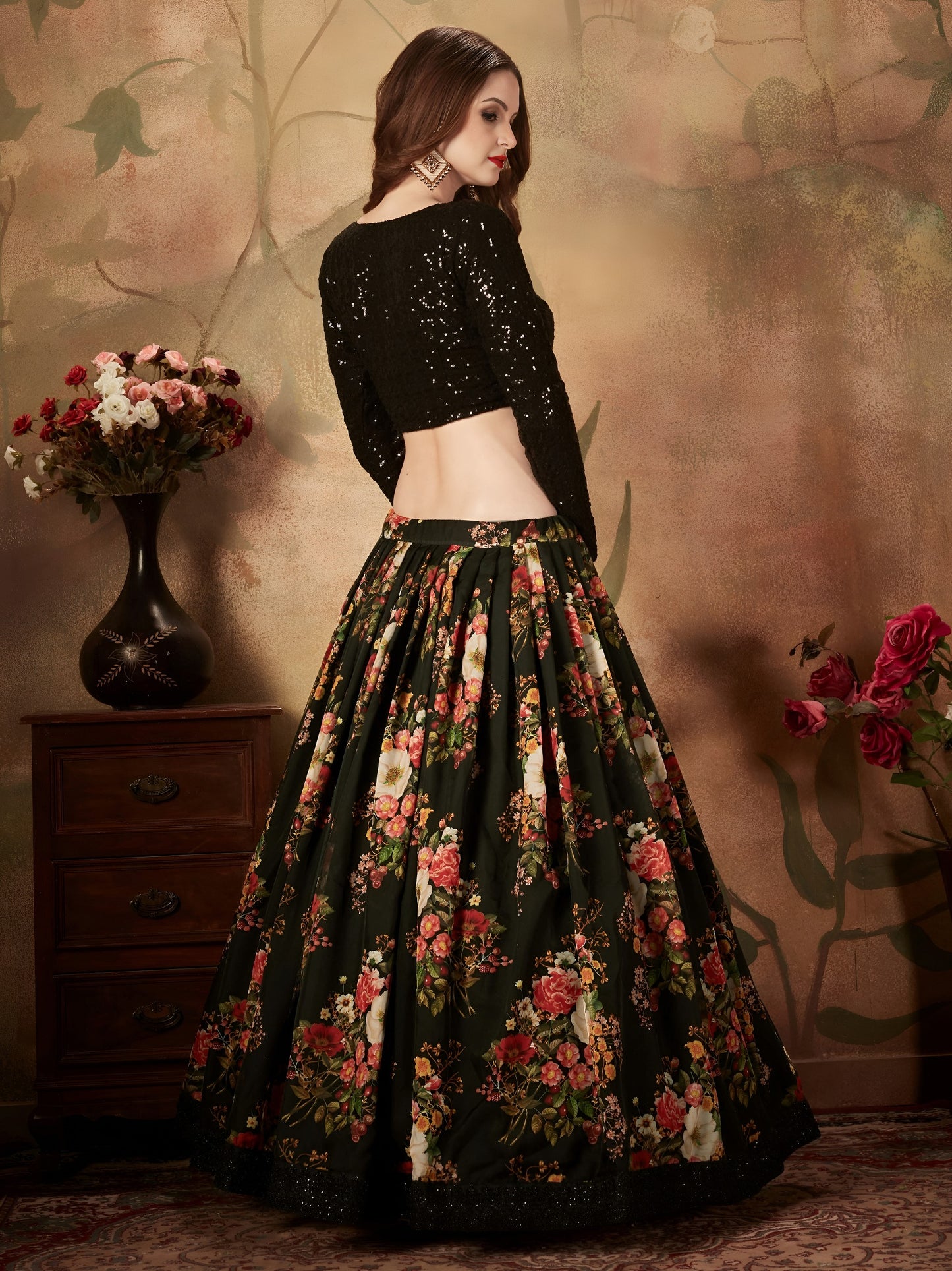 Organza Black Floral Party Lehanga