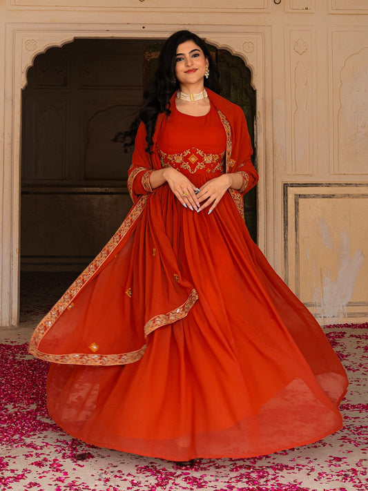 Red Hot Gown Dupatta Set - Ready To Wear