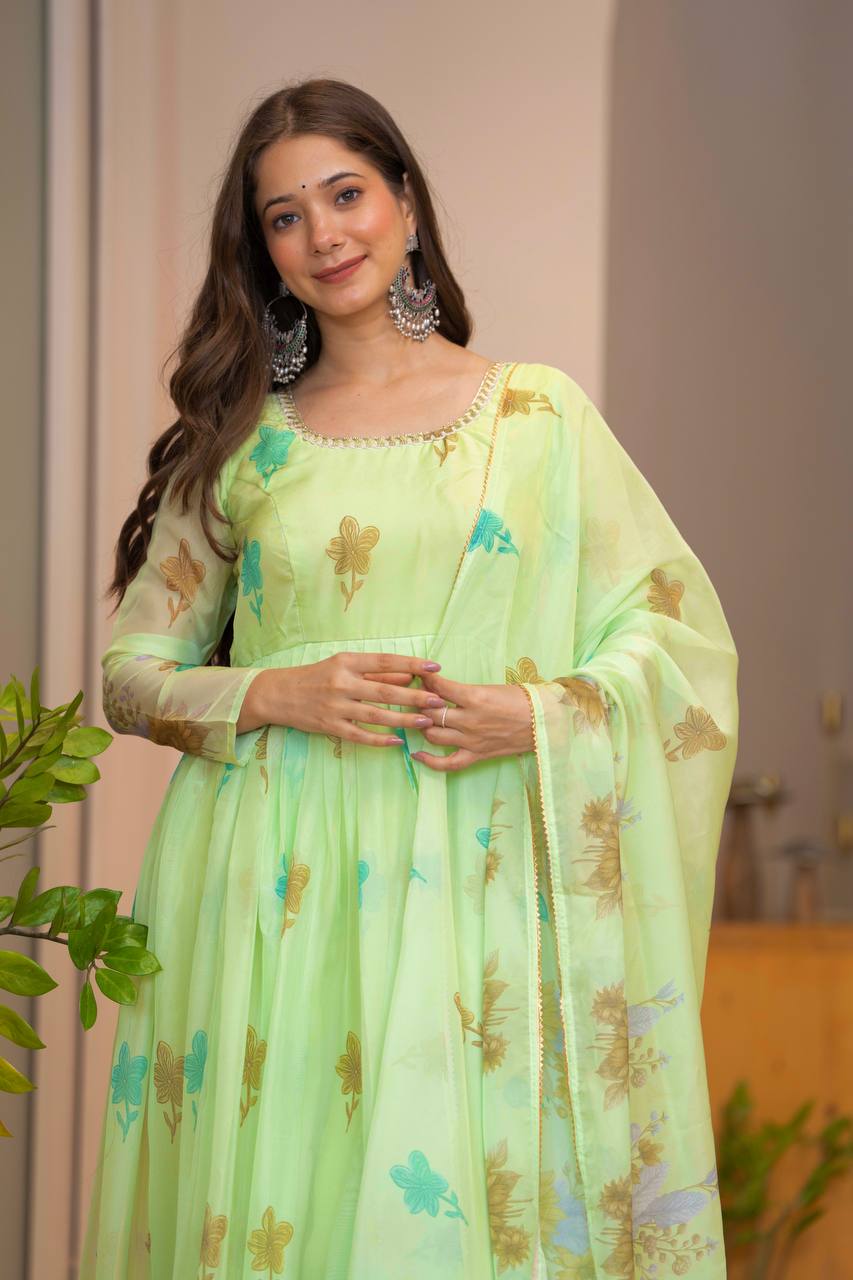 Light Green 💚 Organza Floral Print Ready To Wear Suit