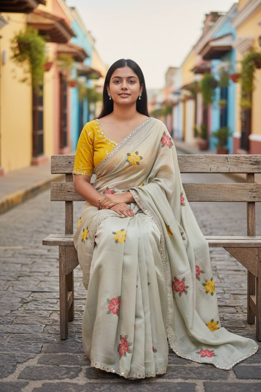 Premium Floral Embroidery Real Mirror Work Party Pastal Saree