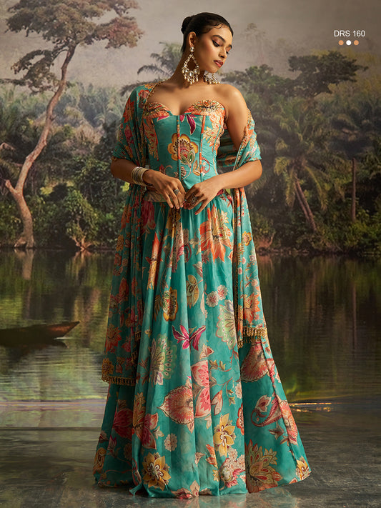 Mint Blue Handworked Ready To Wear Premium Modern Lehanga