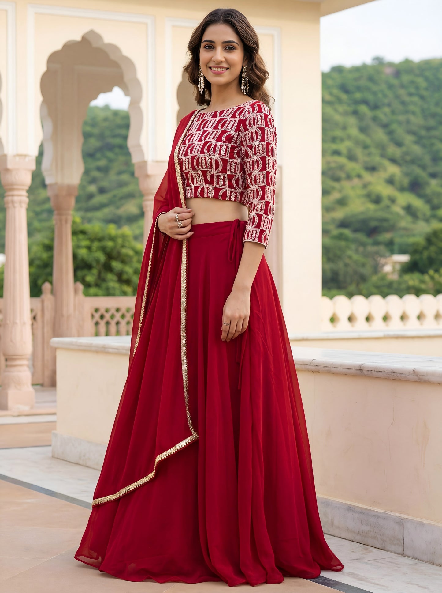 Rosy Red Embroidered Georgette Lehenga Set