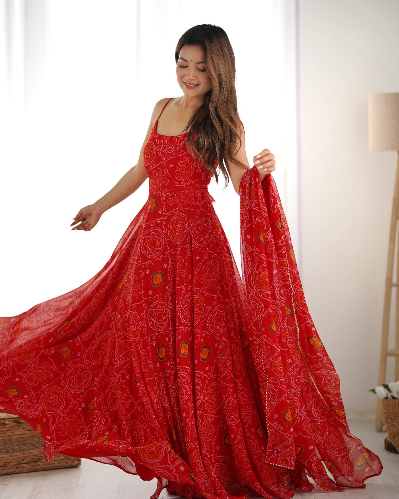 Red Rubrik Stylish Pure Soft Light Weight Chiffon Bandhej