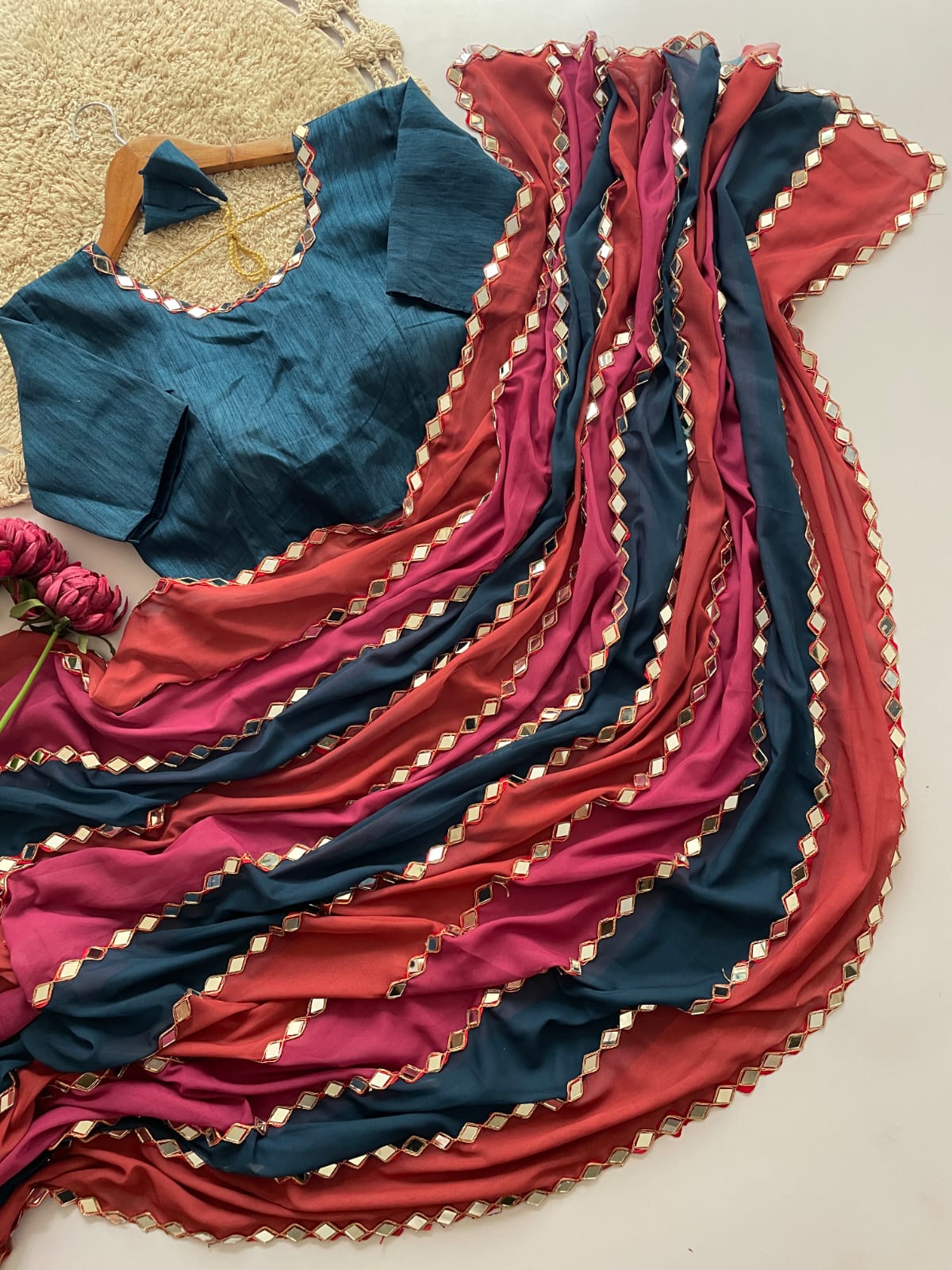 Mirror Work Bling Elegant Party Striped Saree
