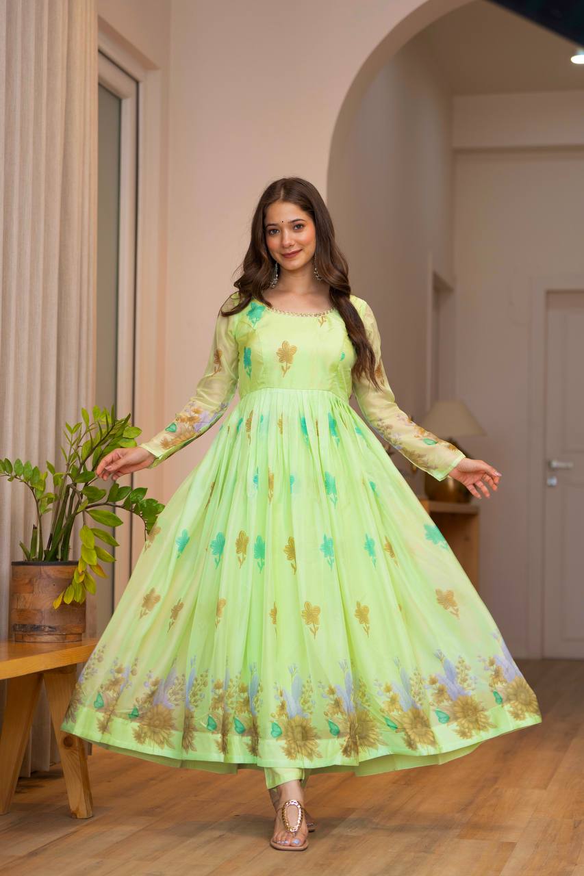 Light Green 💚 Organza Floral Print Ready To Wear Suit