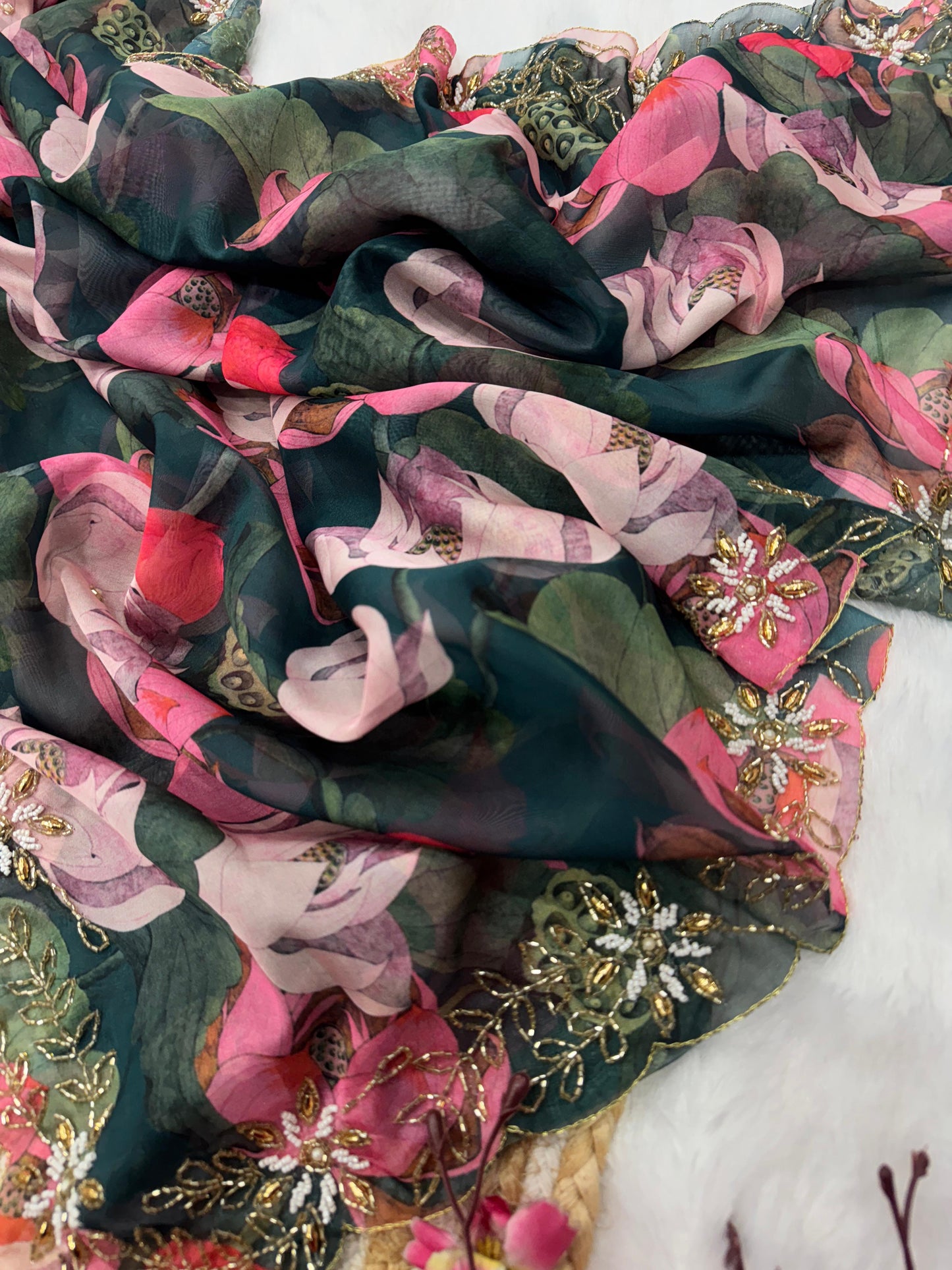 Timeless Premium Green Floral Creative Saree