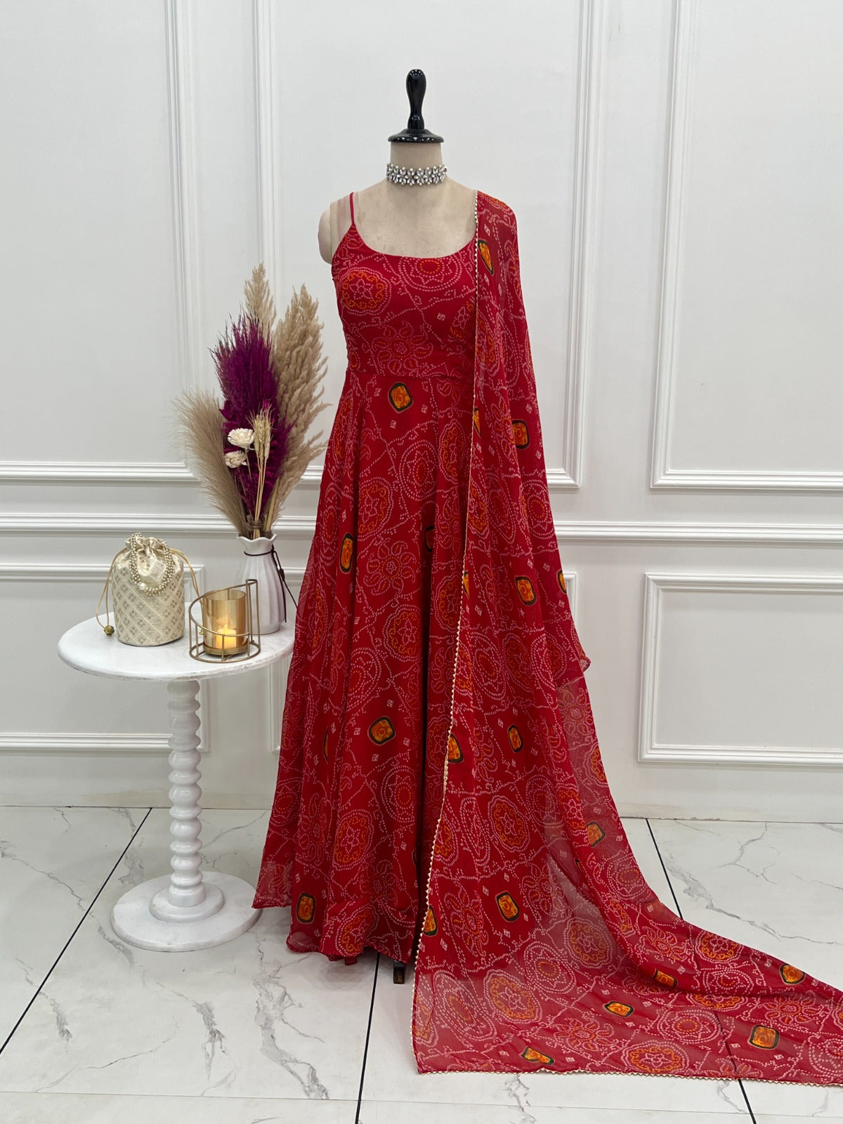 Red Rubrik Stylish Pure Soft Light Weight Chiffon Bandhej