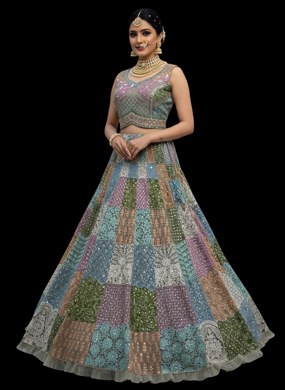 Handworked Designer Made Full Flaired Chain Embroidery with Real Mirror work Designer Lehenga Choli