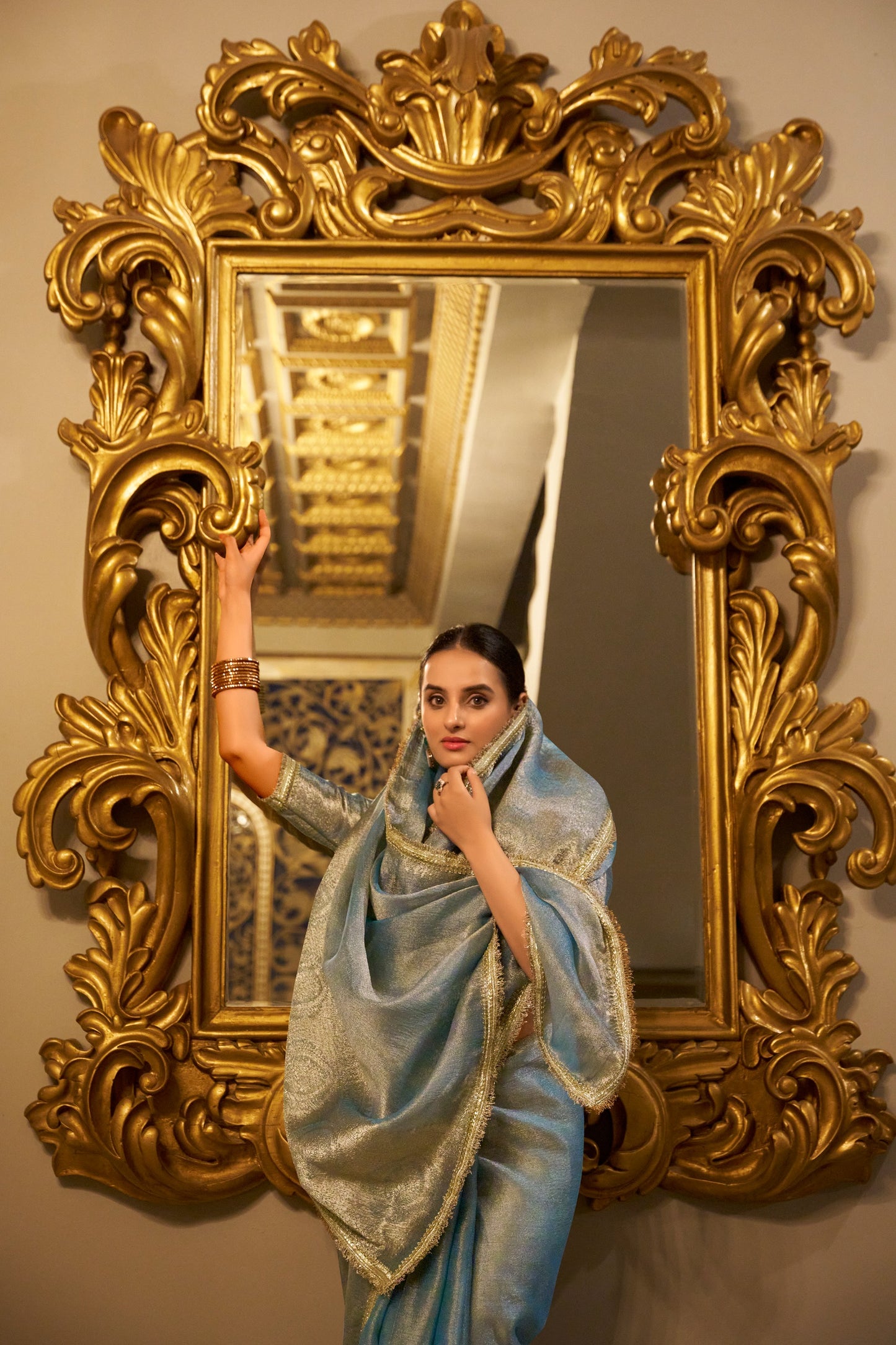 Shimmering in Zari Sequins Premium Pastal Saree