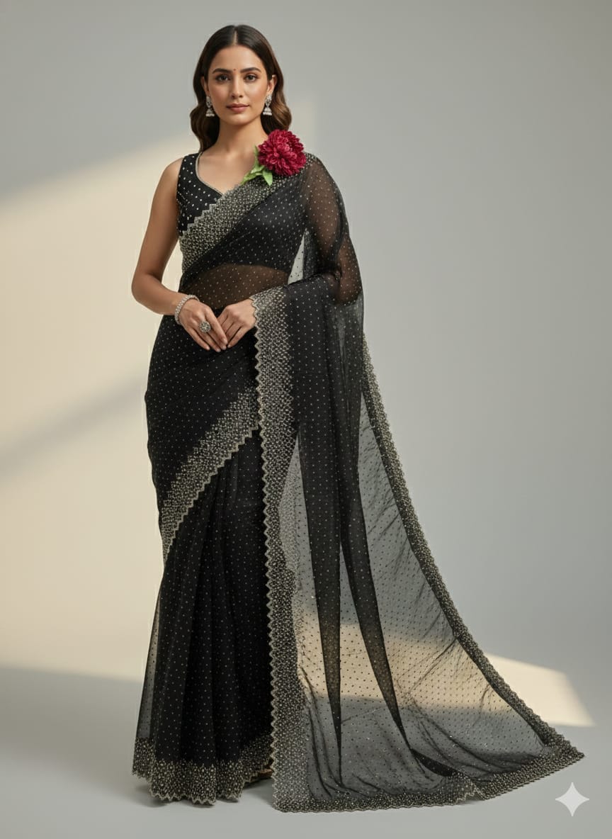 Bollywood Bling Black Premium Silk Zarkhan Diamond Work Saree