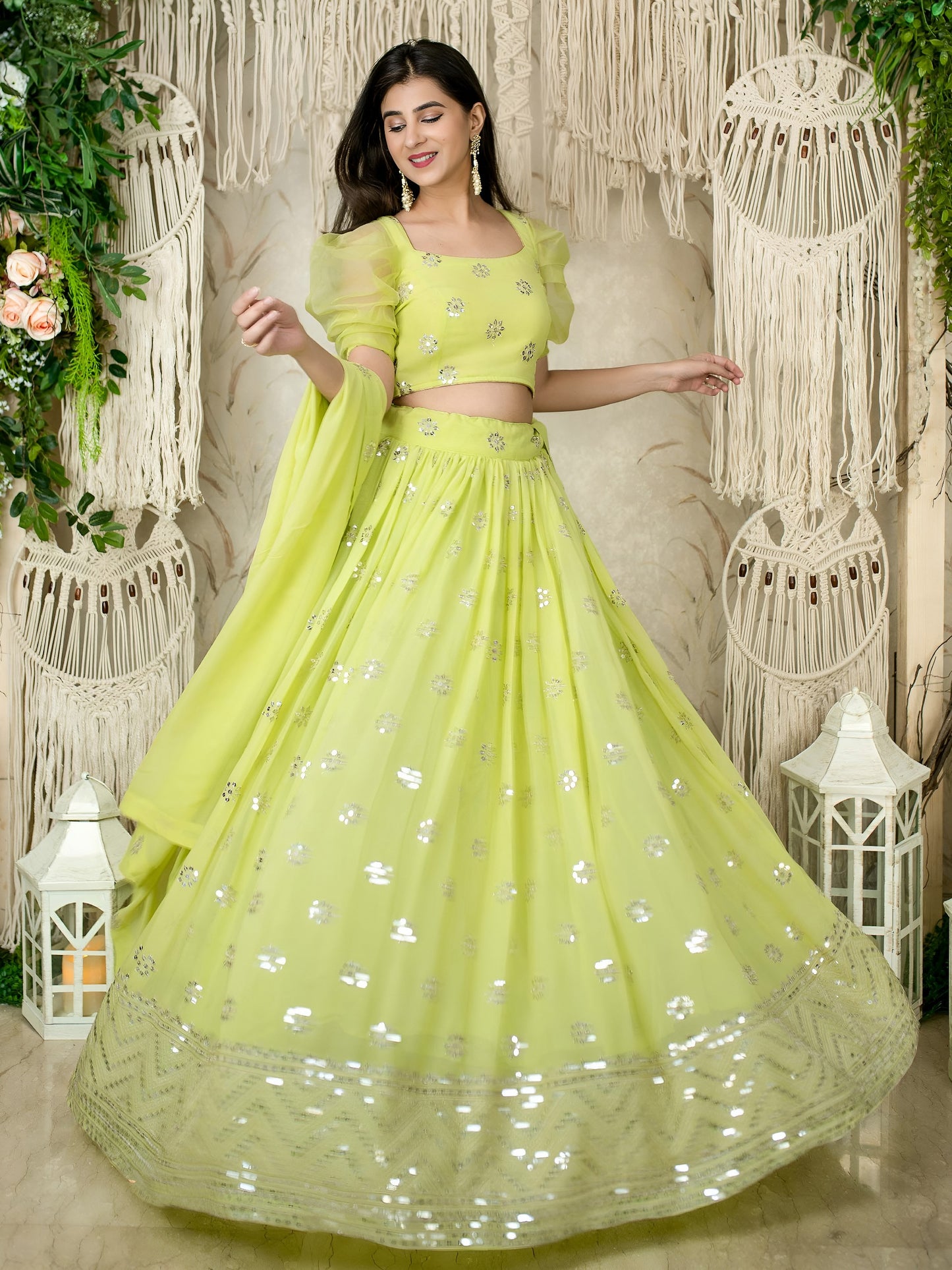 Lime Green Sequins Embroidered Lehenga