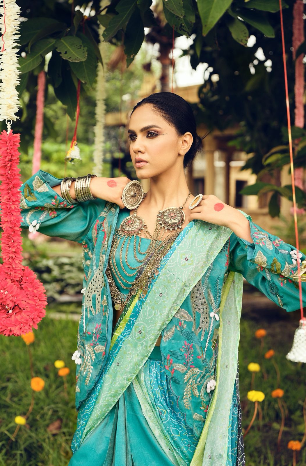 Indo Western Style Jacket Koti Drape Saree Set