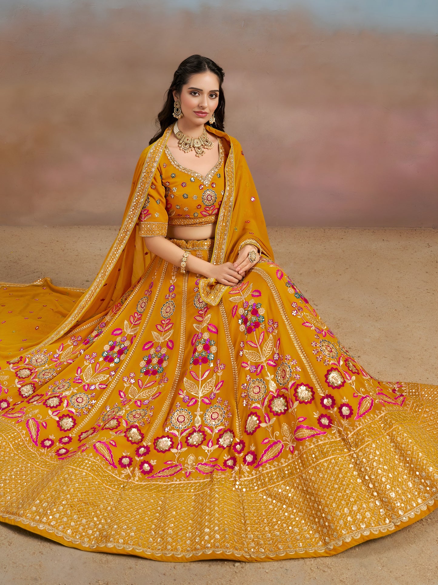 Sunlit Mustard Floral Embroidered Lehenga