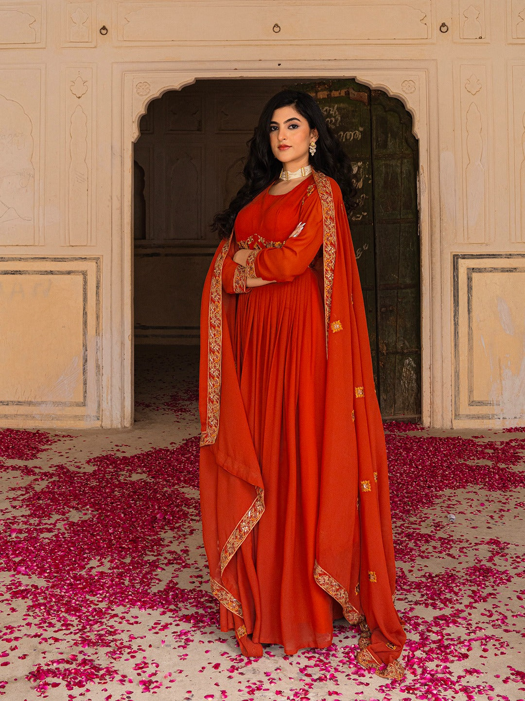 Red Hot Gown Dupatta Set - Ready To Wear